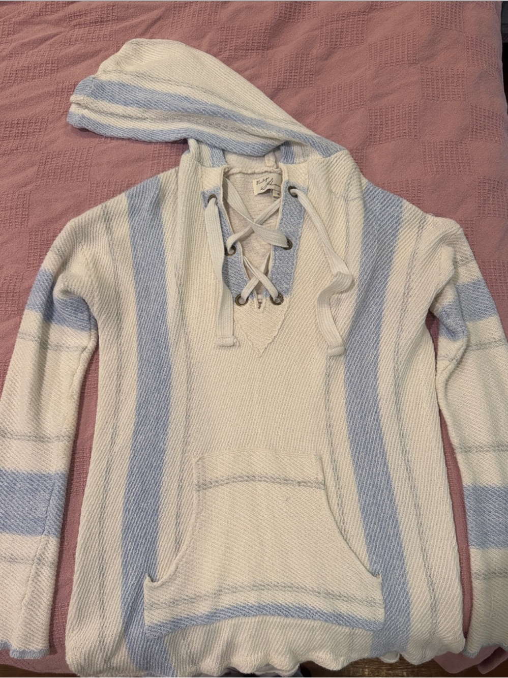 Vintage Cream and Light Blue Lace-Up Hooded V-Neck Sweater